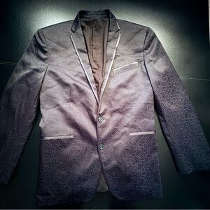 Dark blue paisley pattern satin lapels blazer 44R two button sport coat prom tux